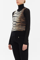 Camel Hair Printed satin  fabric knit  sleeveless blouse  28496