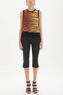 Red Printed satin  fabric knit  sleeveless blouse  28496