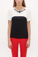 Ecru Black Gem embroidered neck blouse  19188