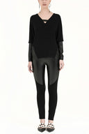 Black Leather woven  blouse  19289