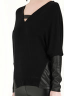 Black Leather woven  blouse  19289