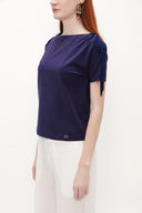 Navy Blue Shoulder tassel knit blouse 19324