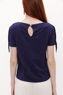 Navy Blue Shoulder tassel knit blouse 19324