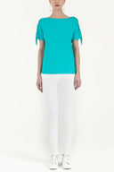 Turquoise Shoulder tassel knit blouse 19324