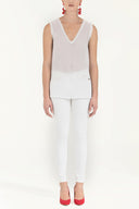 White Knit Banded Chiffon Blouse   19333