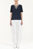 Navy Blue Knit blouse with metal accessory 19518