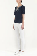 Navy Blue Knit blouse with metal accessory 19518