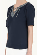 Navy Blue Knit blouse with metal accessory 19518