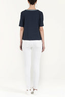 Navy Blue Knit blouse with metal accessory 19518