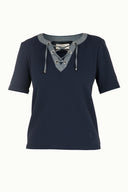 Navy Blue Knit blouse with metal accessory 19518