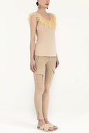 Beige Pleated  V-neck blouse  19596