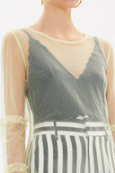 Beige Pleated sleeve tulle blouse  19657