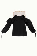 Black Lace-up cold shoulder blouse  19669
