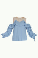 Blue Lace-up cold shoulder blouse  19669