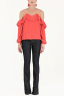 Red Lace-up cold shoulder blouse  19669