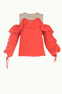 Red Lace-up cold shoulder blouse  19669
