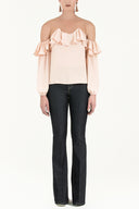 Beige Lace-up cold shoulder blouse  19669