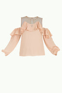 Beige Lace-up cold shoulder blouse  19669