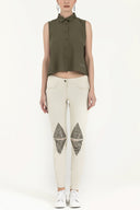 Khaki Crystal  gem  blouse  19681