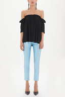 Black Elastic  off shoulder  woven  blouse  19702