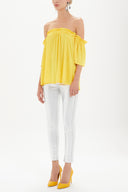 Yellow Elastic  off shoulder  woven  blouse  19702