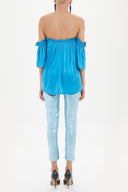 Blue Elastic  off shoulder  woven  blouse  19702