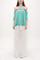 Green Elastic  off shoulder  woven  blouse  19702