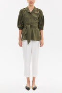 Khaki Balloon sleeve    wide cut blouse  19761