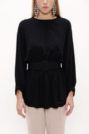 Black Balloon sleeve  belted  blouse  19764