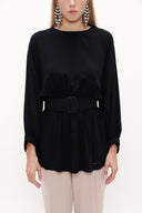 Black Balloon sleeve  belted  blouse  19764