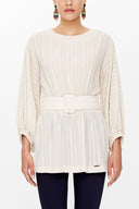 Beige Balloon sleeve  belted  blouse  19764