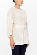 Beige Balloon sleeve  belted  blouse  19764