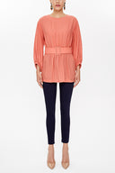 Salmon Balloon sleeve  belted  blouse  19764