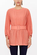 Salmon Balloon sleeve  belted  blouse  19764