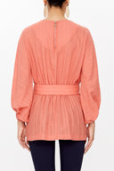 Salmon Balloon sleeve  belted  blouse  19764