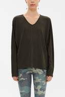 Khaki V-neck  wide cut blouse  19784