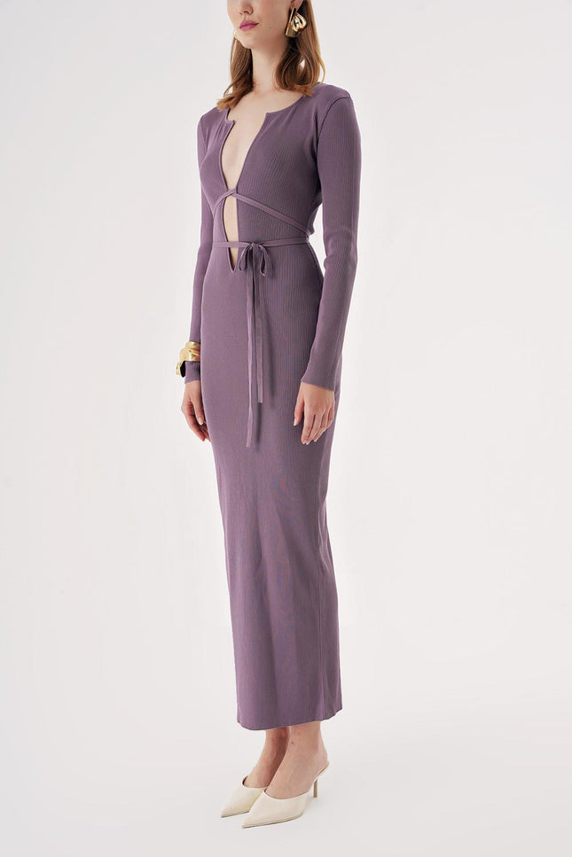 Plum Slim-fit, low-cut, long knitted dress 28834