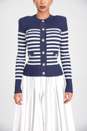 Navy Blue Striped slim fit knit cardigan 28843