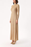 Beige High collar pleated skirt long knitwear dress 28848