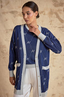 Navy Blue short sleeve blouse and long shiny cardigan twin set 28856