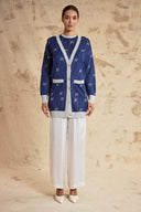 Navy Blue short sleeve blouse and long shiny cardigan twin set 28856