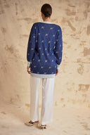 Navy Blue short sleeve blouse and long shiny cardigan twin set 28856