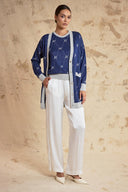 Navy Blue short sleeve blouse and long shiny cardigan twin set 28856