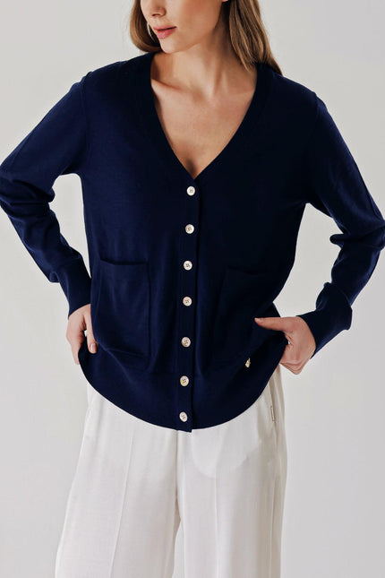 Navy Blue V-neck woolen long knit cardigan 28867