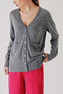 Gray V-neck woolen long knit cardigan 28867