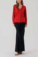 Red V-neck woolen long knit cardigan 28867