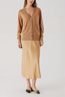 Beige V-neck woolen long knit cardigan 28867