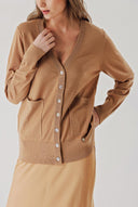 Beige V-neck woolen long knit cardigan 28867