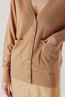 Beige V-neck woolen long knit cardigan 28867