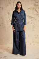 Navy Blue Oversized Jacket with Belt and Button Details 61190